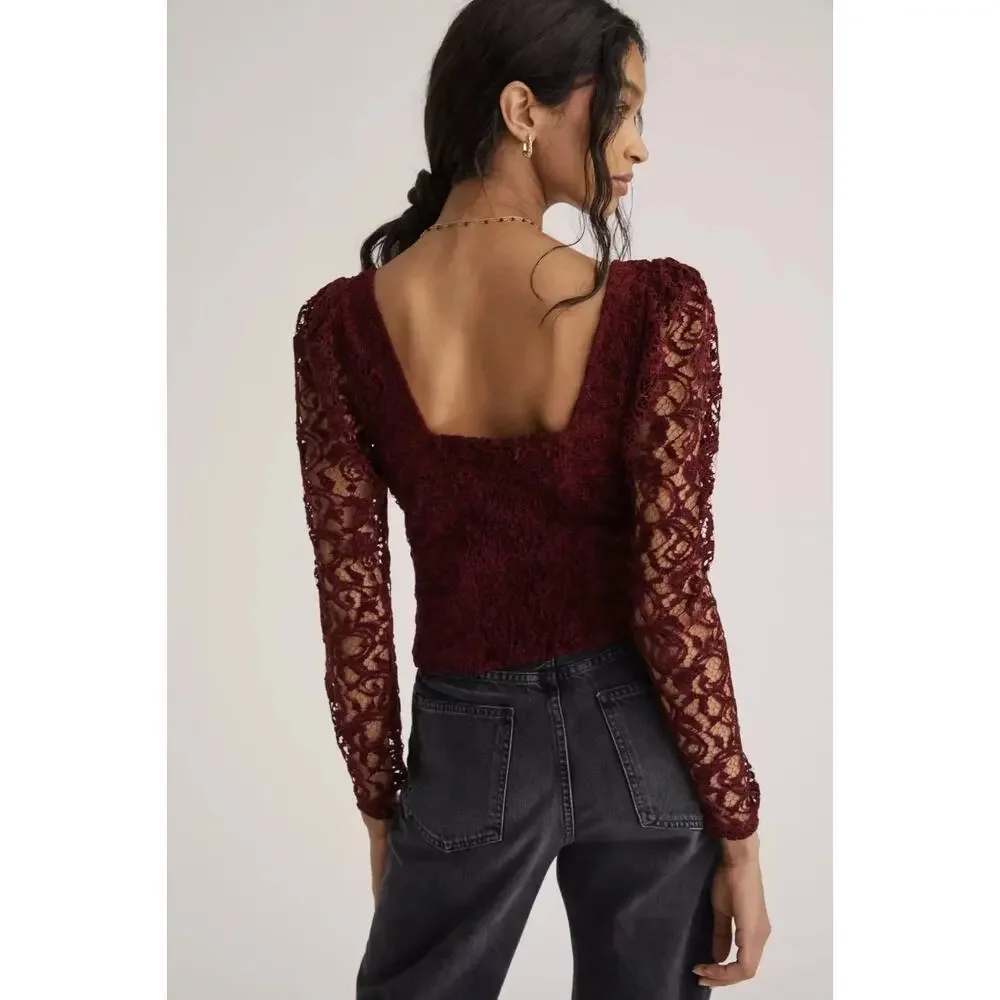 🍷 Anthropologie Burgundy Romantic Lace Sleeve Sweetheart Blouse 🍷